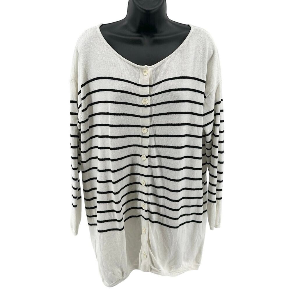 Cabi Turnabout Cardigan Sweater WMNS S White Black Striped Button Up Long Sleeve